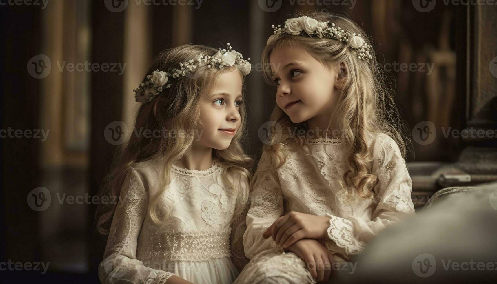 Two cute princess sisters playing, smiling joyfully generated by AI photo