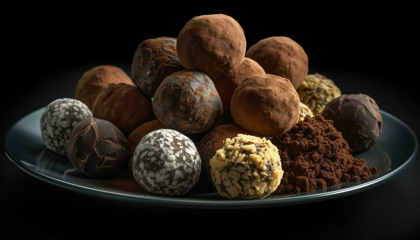 oscuro chocolate trufa pelota, almendra decoración, indulgencia generado por ai foto