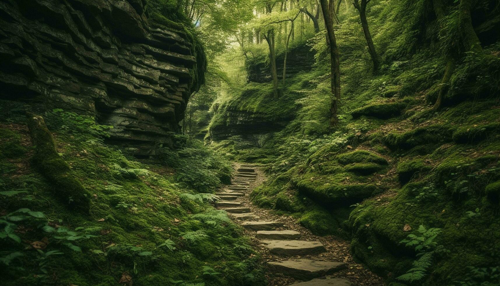 Tranquil scene of green forest and mountain generated by AI photo