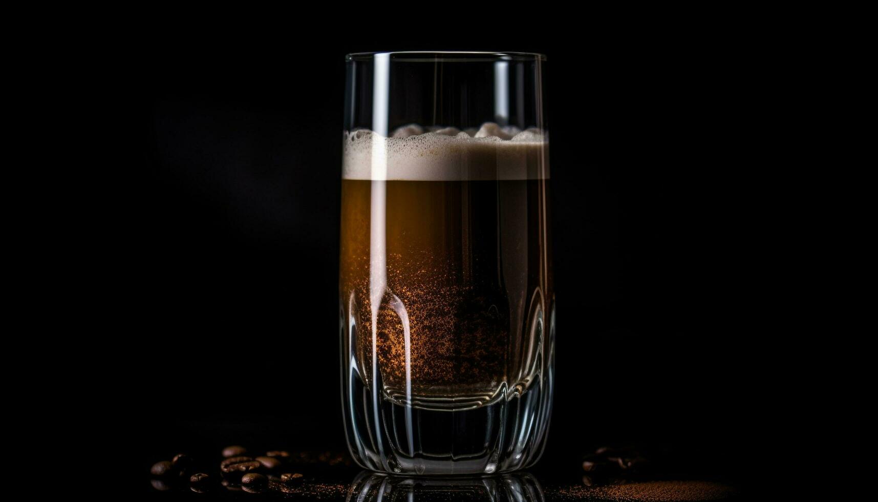 Frothy beer glass reflects dark pub table generated by AI photo