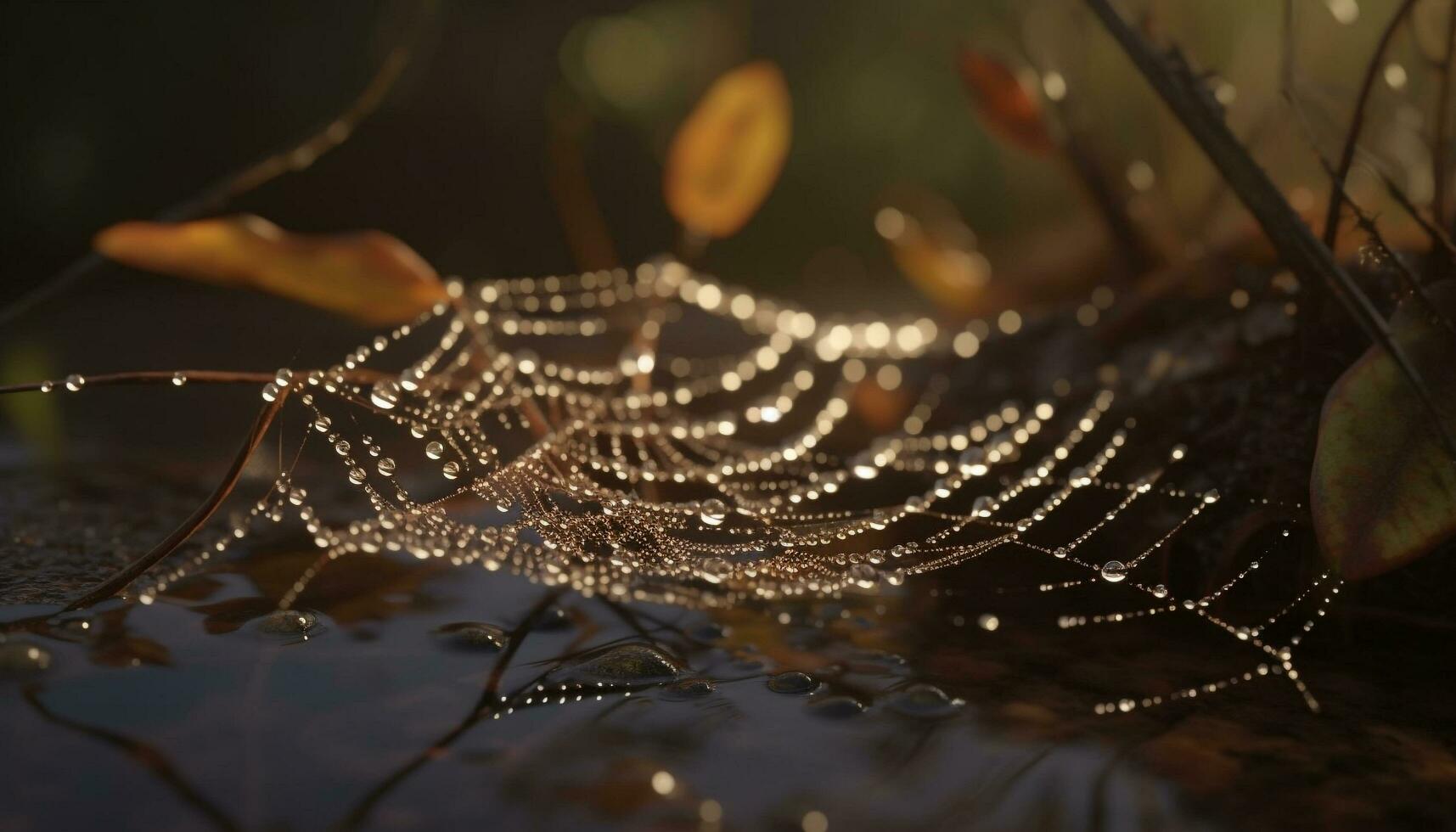 Spider weaves dewy web on autumn leaf generated by AI photo