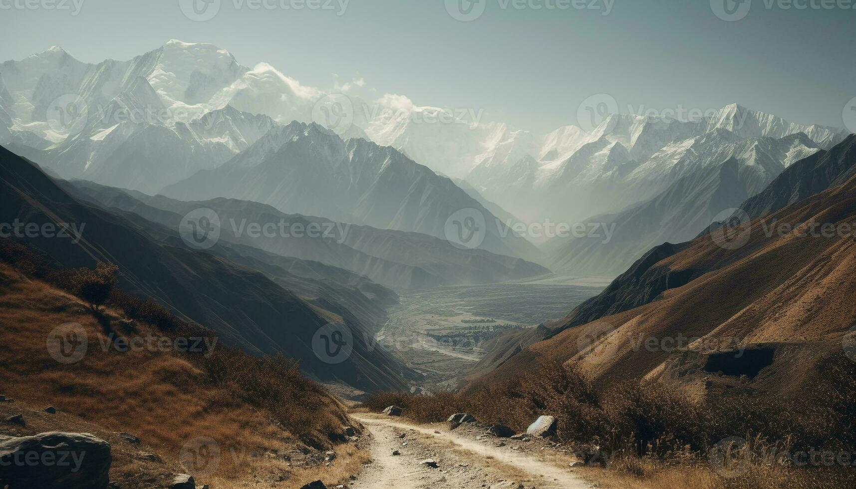 Majestic mountain range, a tranquil wilderness journey generated by AI photo