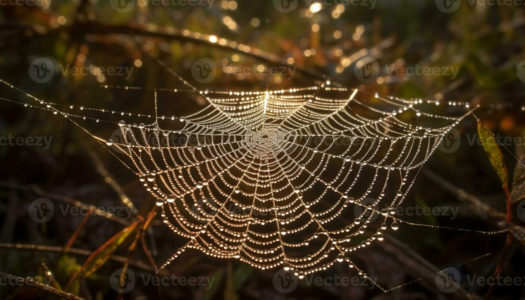 Spider web glistens with dew in autumn generated by AI photo