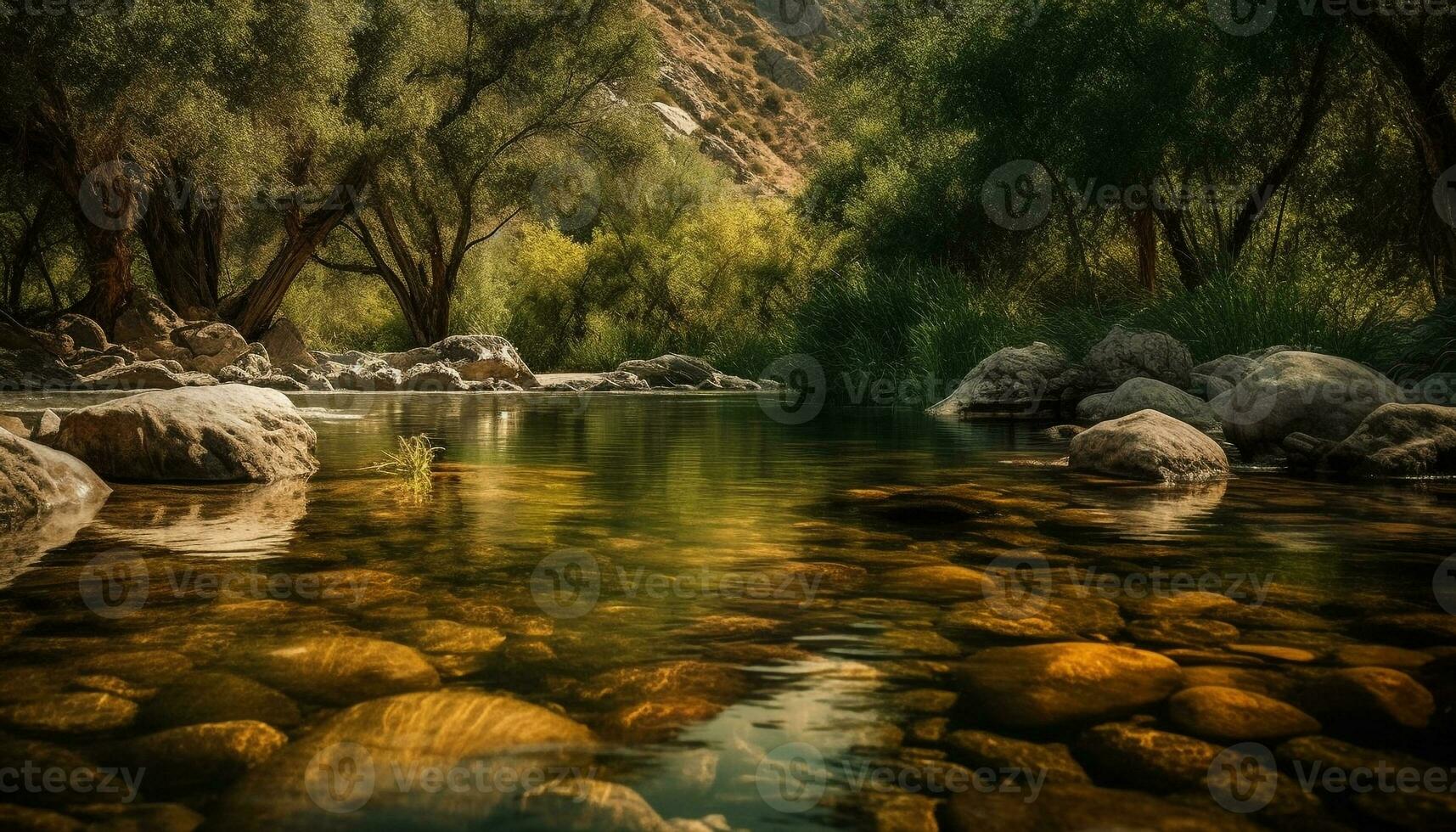 Tranquil scene of flowing water in forest generated by AI photo