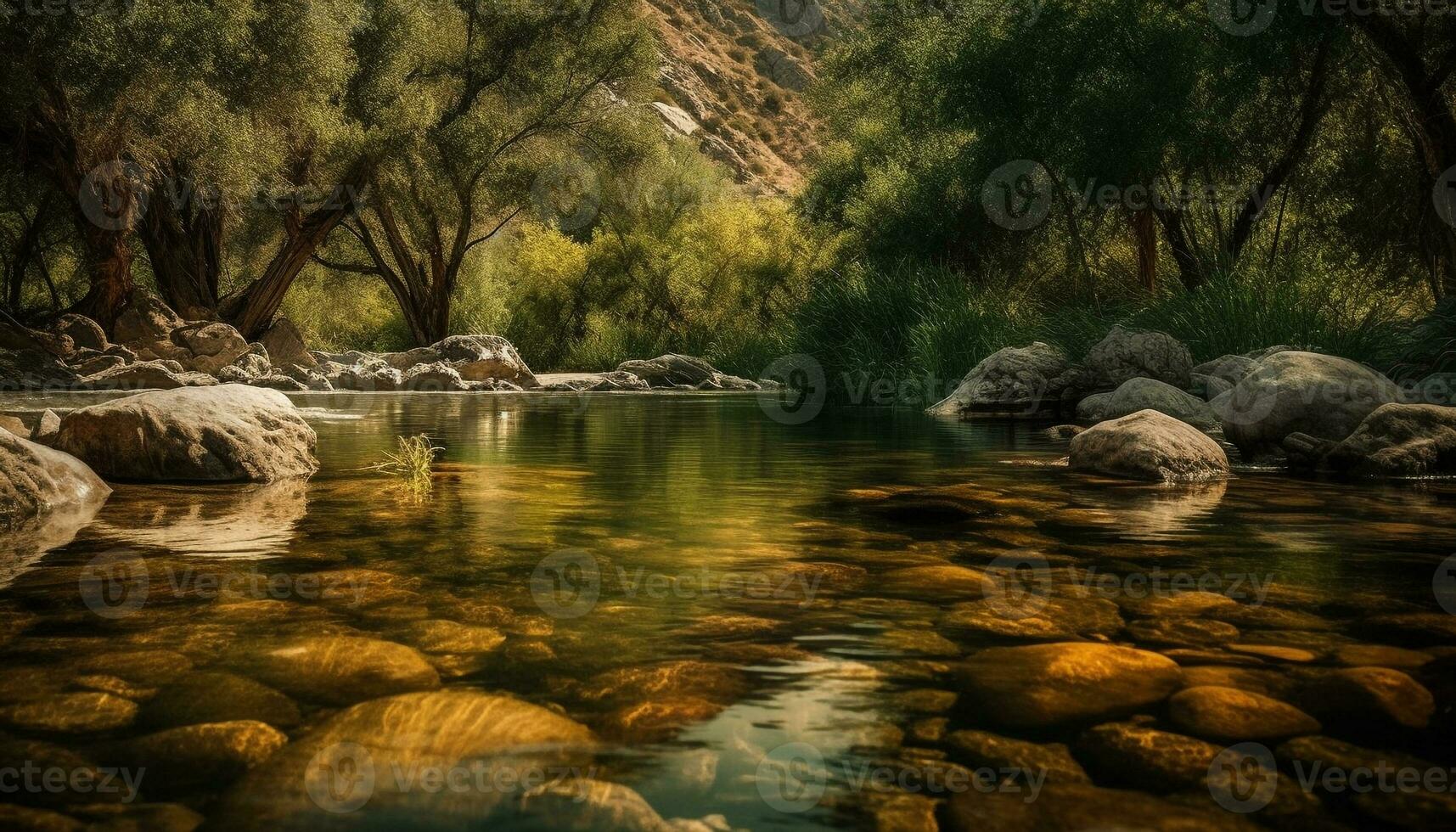 tranquilo escena de fluido agua en bosque generado por ai foto