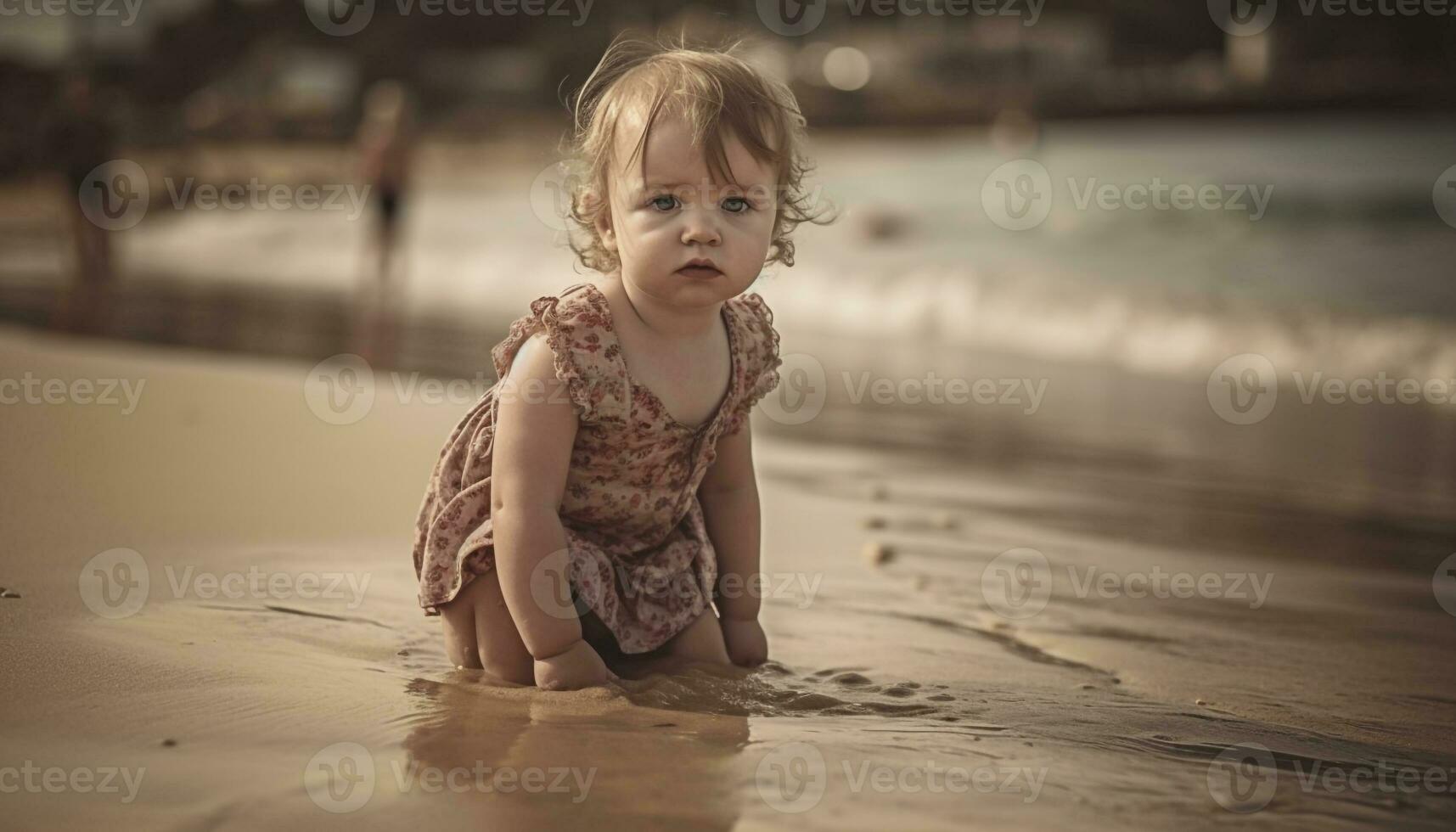 Smiling baby girl enjoys summer day at beach generated by AI photo