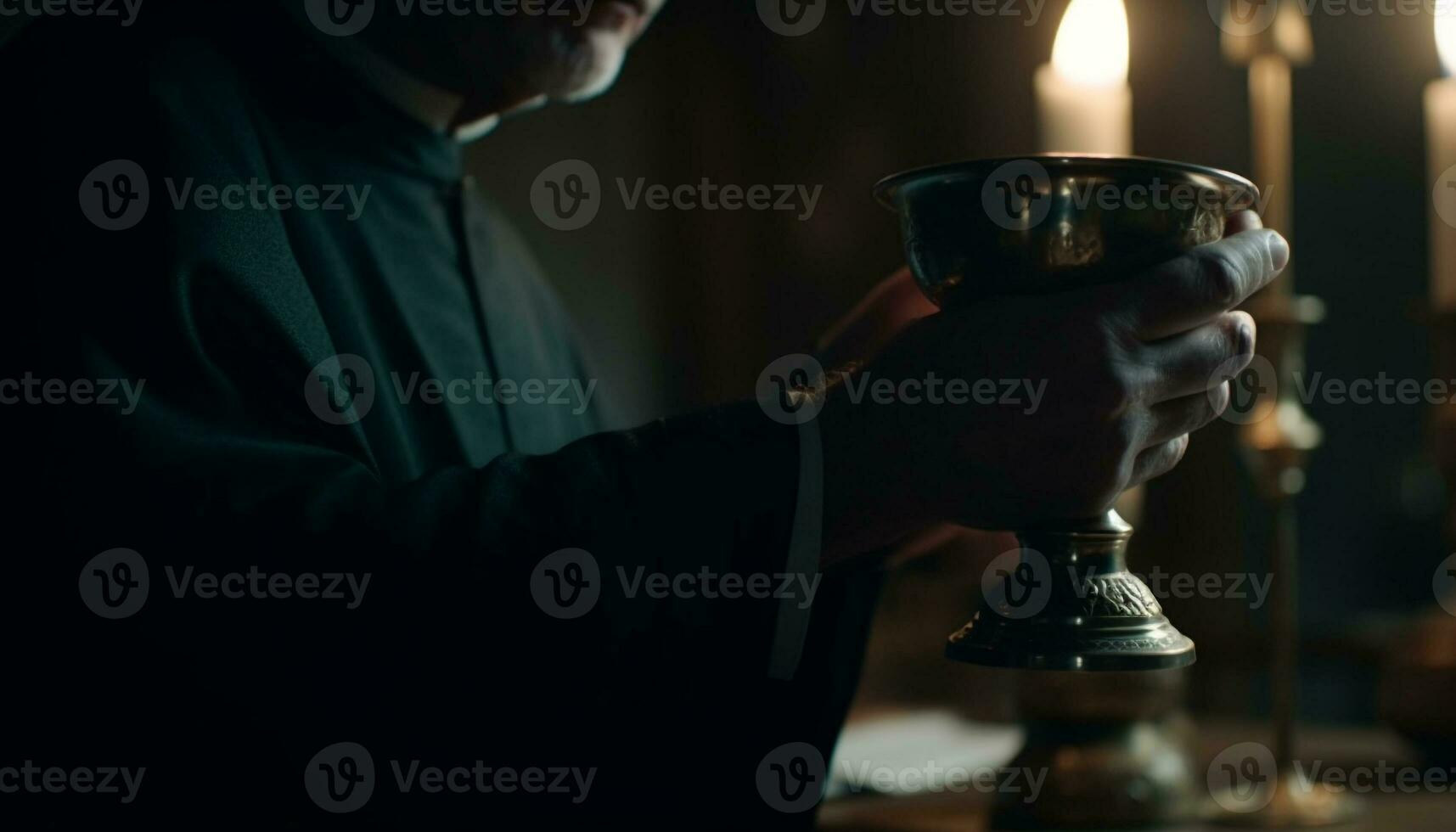 Adult holding candle, praying to God in dark generated by AI photo