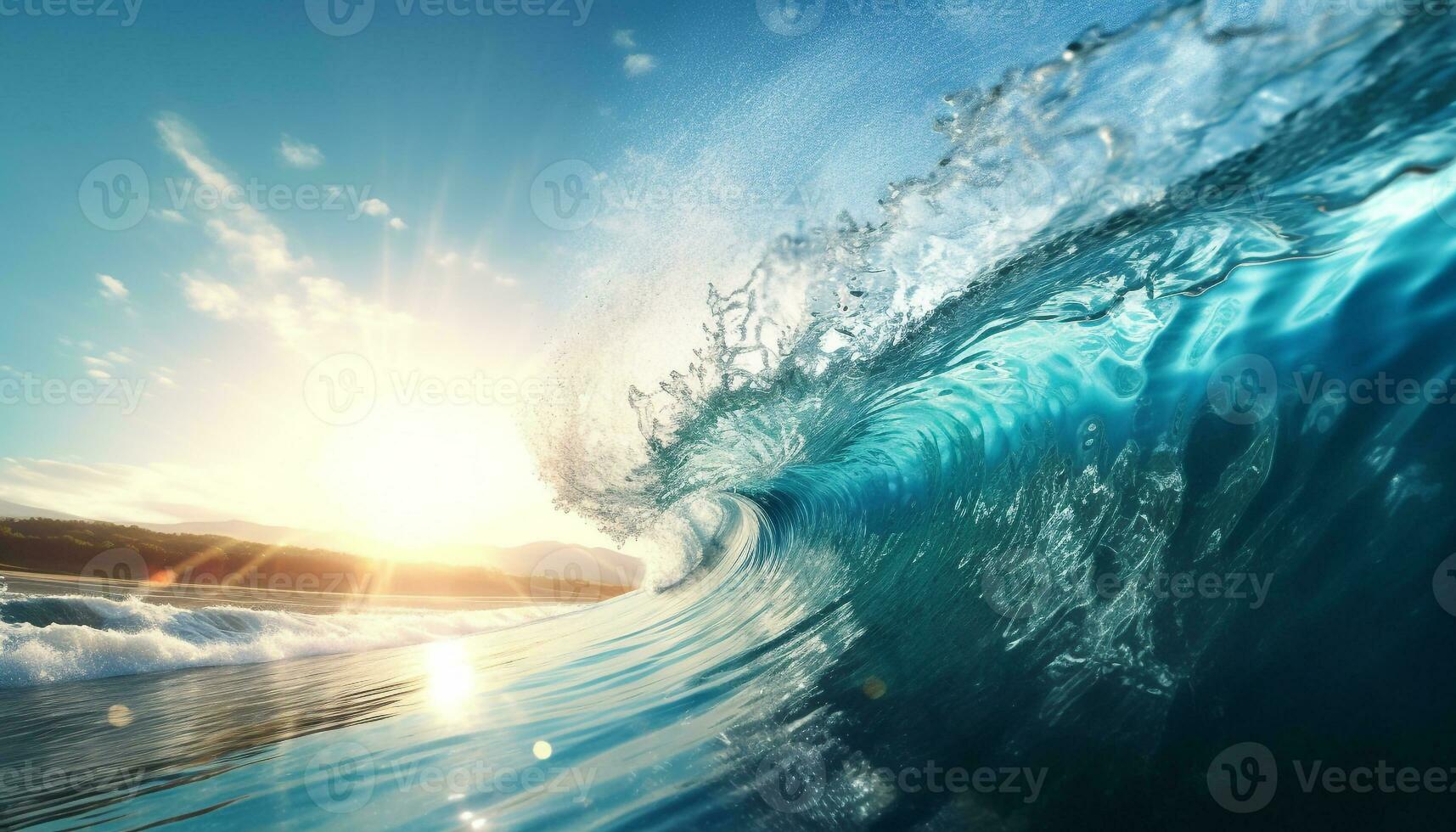 Men surfing in tropical waters, enjoying freedom generated by AI photo