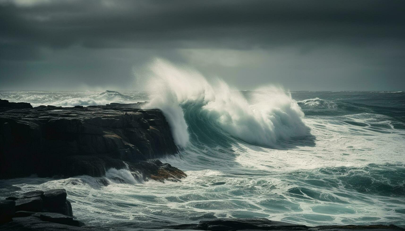 Breaking waves crash on rocky coastline, danger ahead generated by AI photo