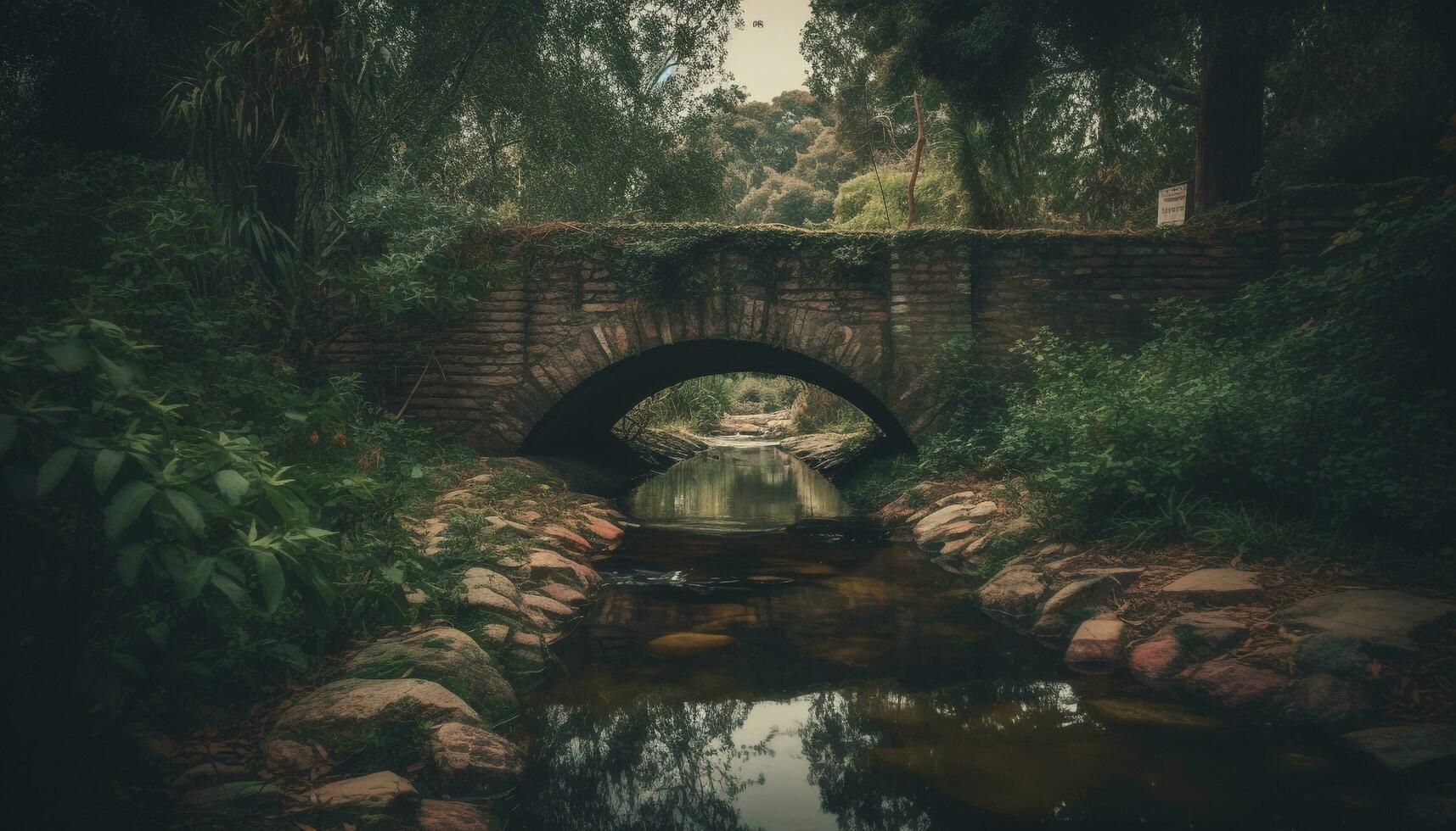 Old stone bridge reflects beauty in nature generated by AI photo