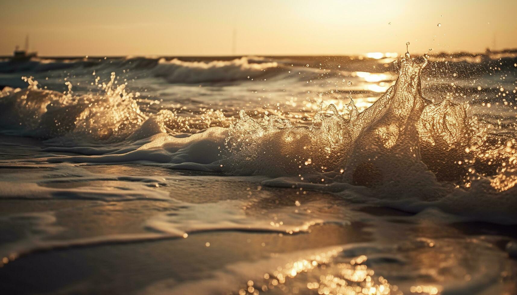 Sunrise over tranquil seascape, waves splashing softly generated by AI photo