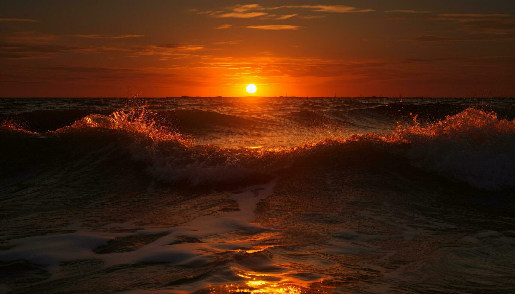 Sunrise over tranquil seascape, reflecting orange heat generated by AI photo