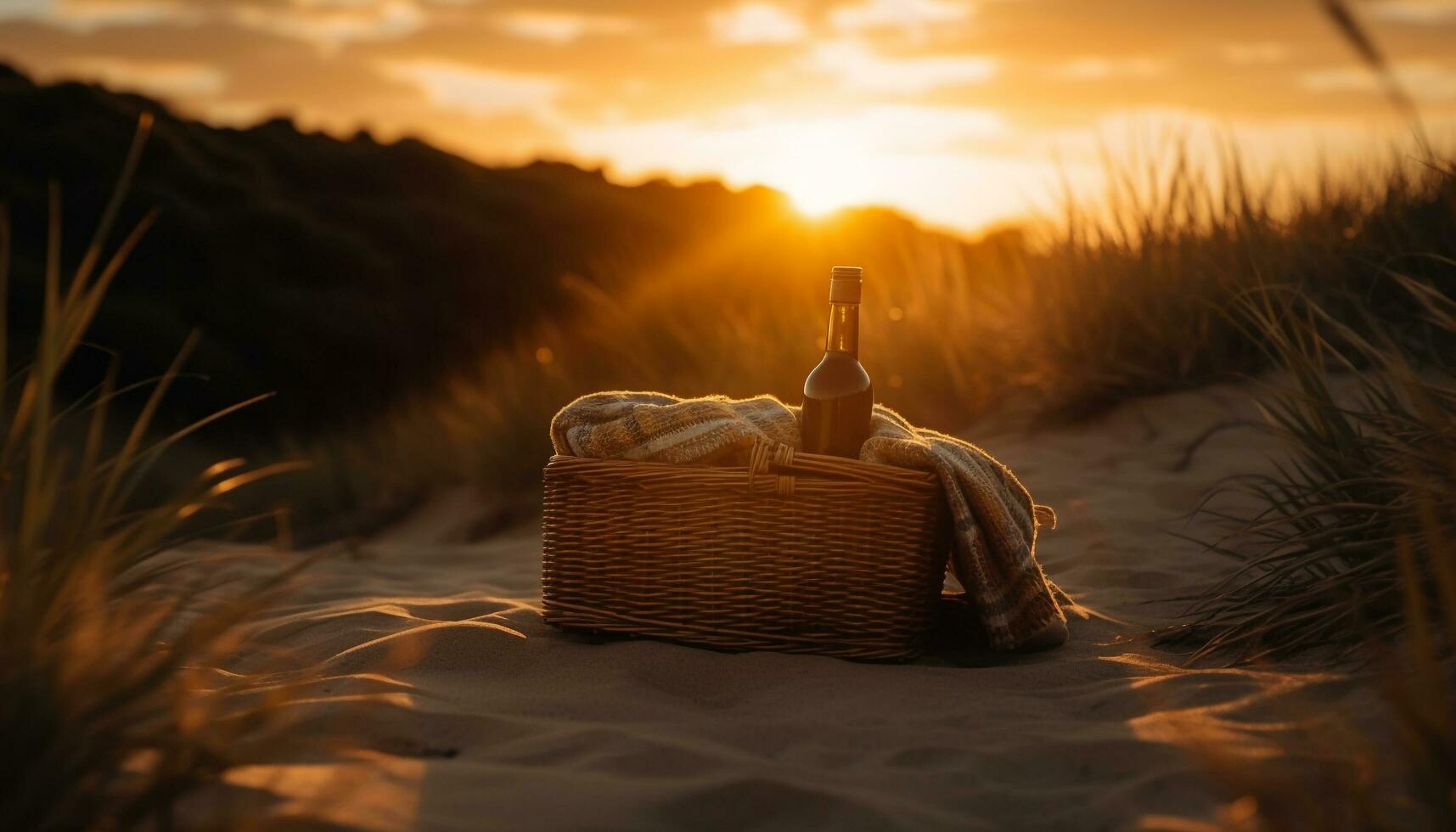 Picnic basket filled with fresh food and wine generated by AI photo
