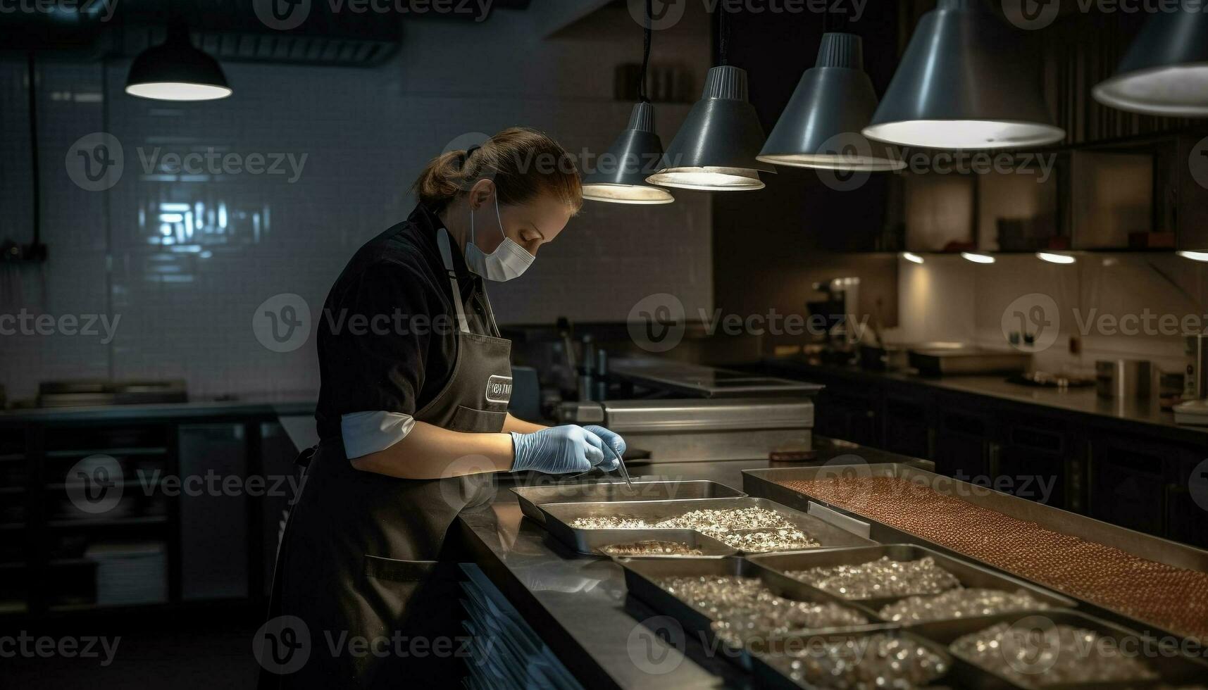 Expert chef prepares food in commercial kitchen workshop generated by AI photo