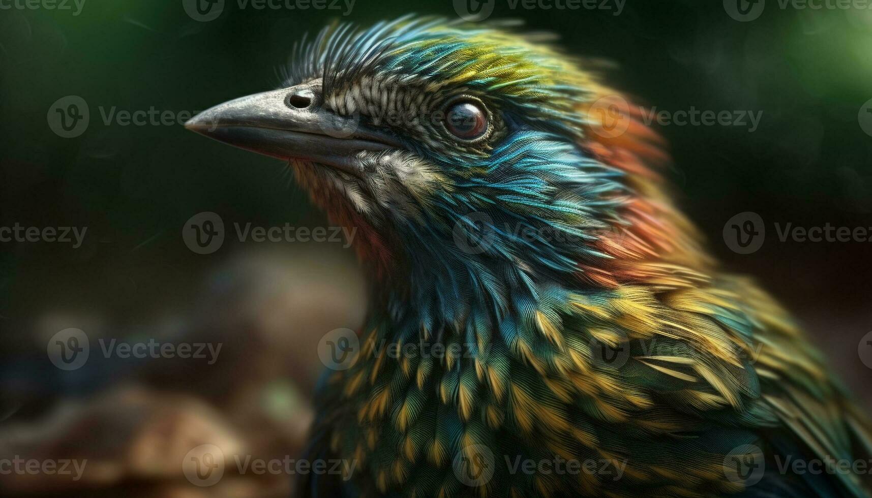 Vibrant starling perched on branch, eye focused generated by AI photo