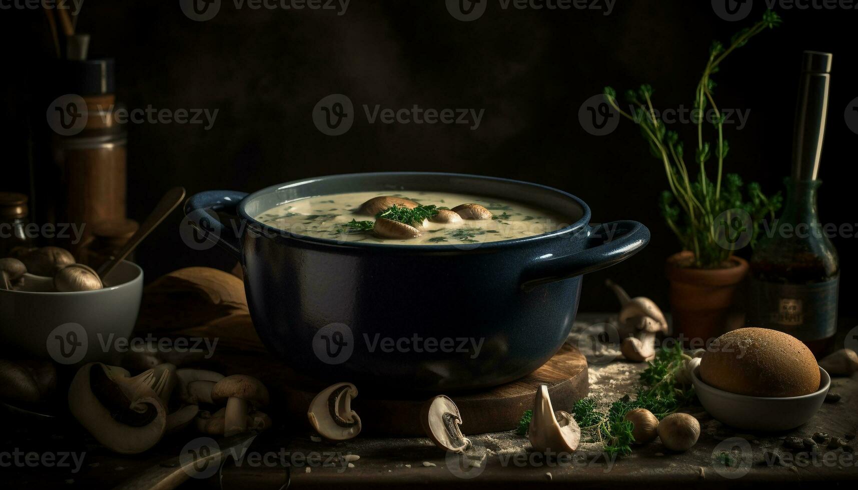 Fresh vegetarian soup in rustic crockery bowl generated by AI photo