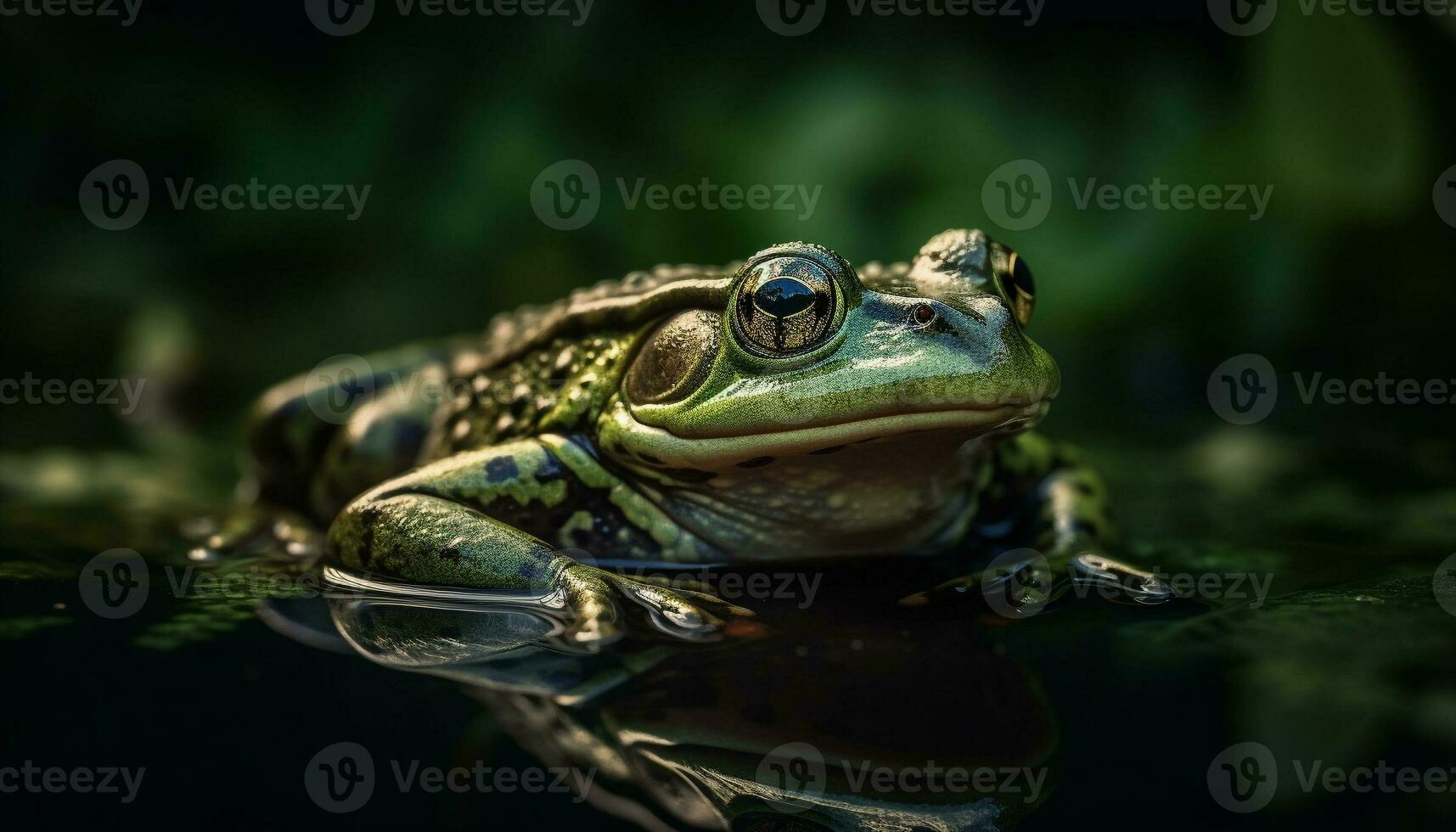 Green toad sitting on wet pond leaf generated by AI photo