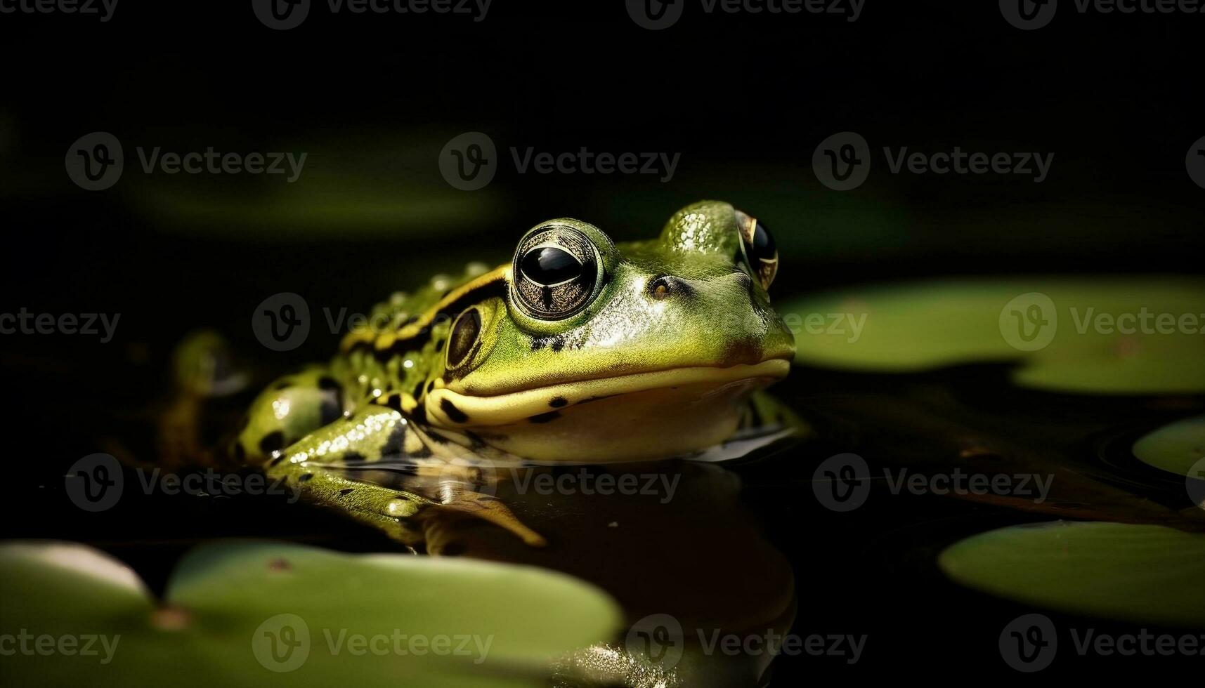 Green toad sitting in wet swamp pond generated by AI photo