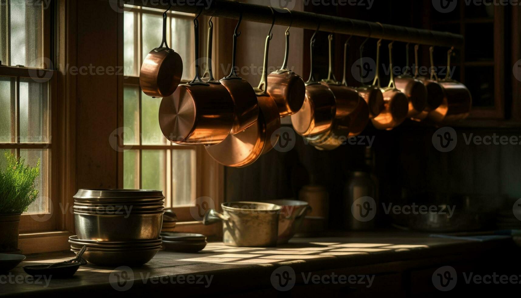 rústico cocina utensilios en de madera mesa todavía vida generado por ai foto