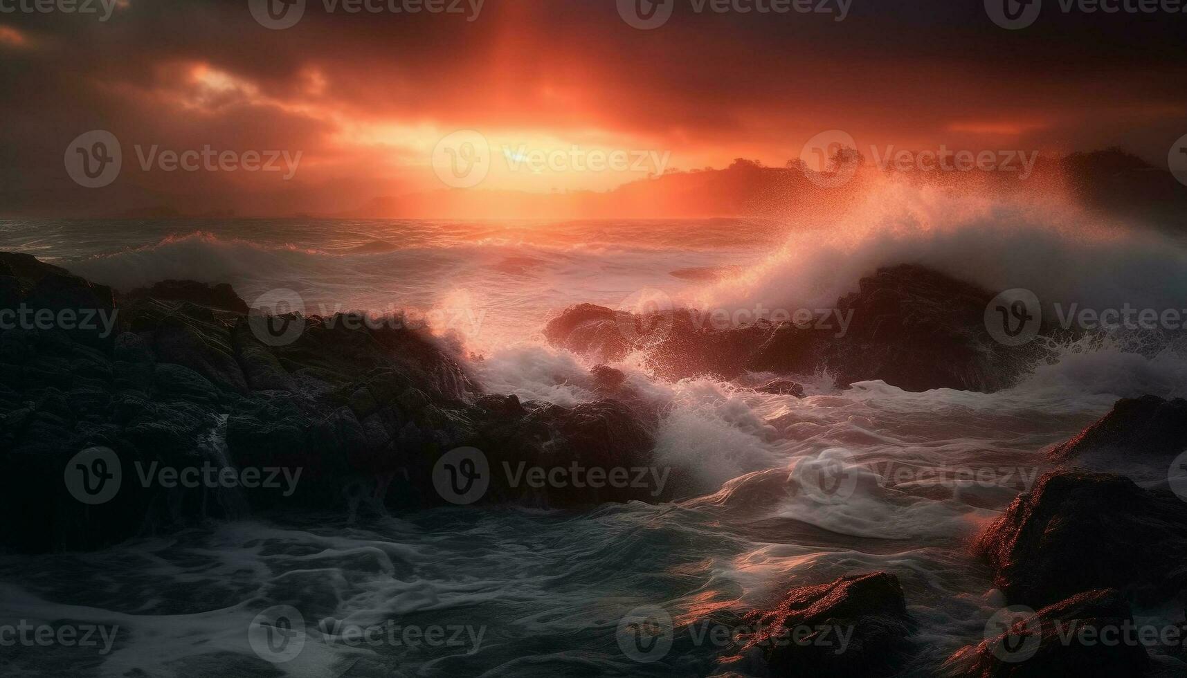 Sun reflection on water, waves crashing on rocks generated by AI photo