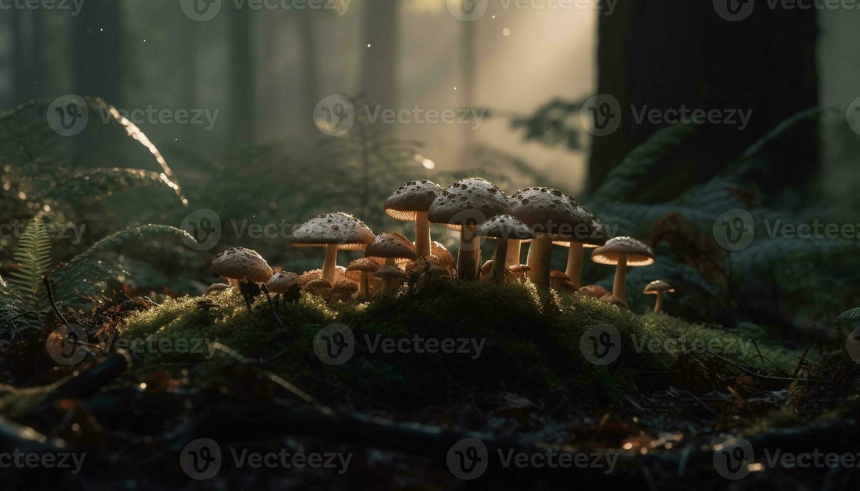 Fresh fly agaric mushroom on forest branch generated by AI photo