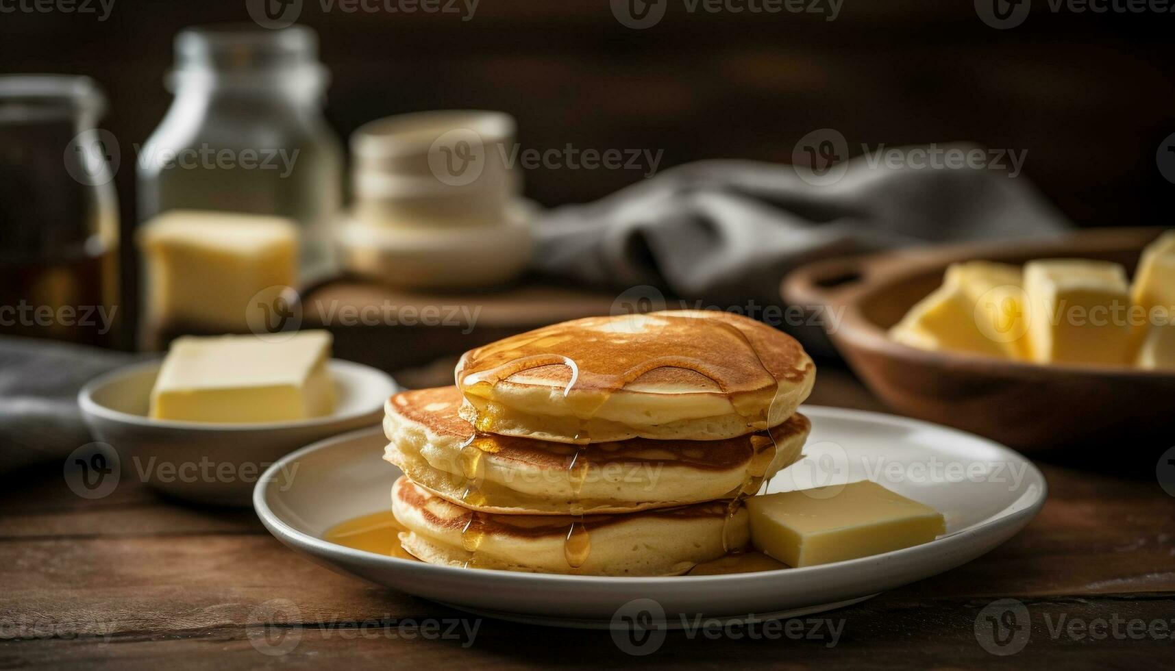 Stack of homemade pancakes with sweet syrup generated by AI photo