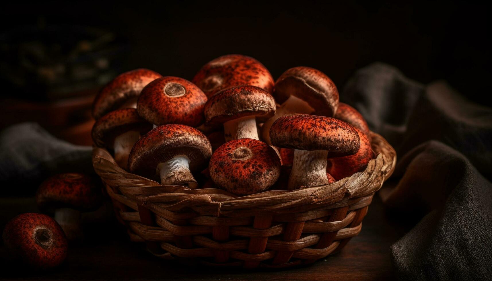 Fresh organic edible mushroom in rustic wicker basket generated by AI photo