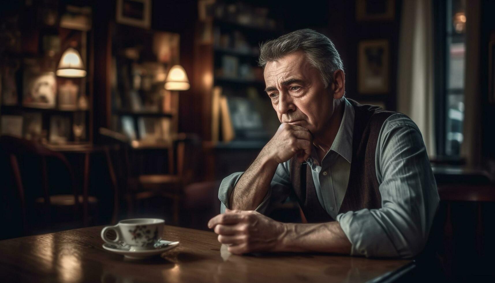 Mature businessman sitting indoors, contemplating with coffee generated by AI photo