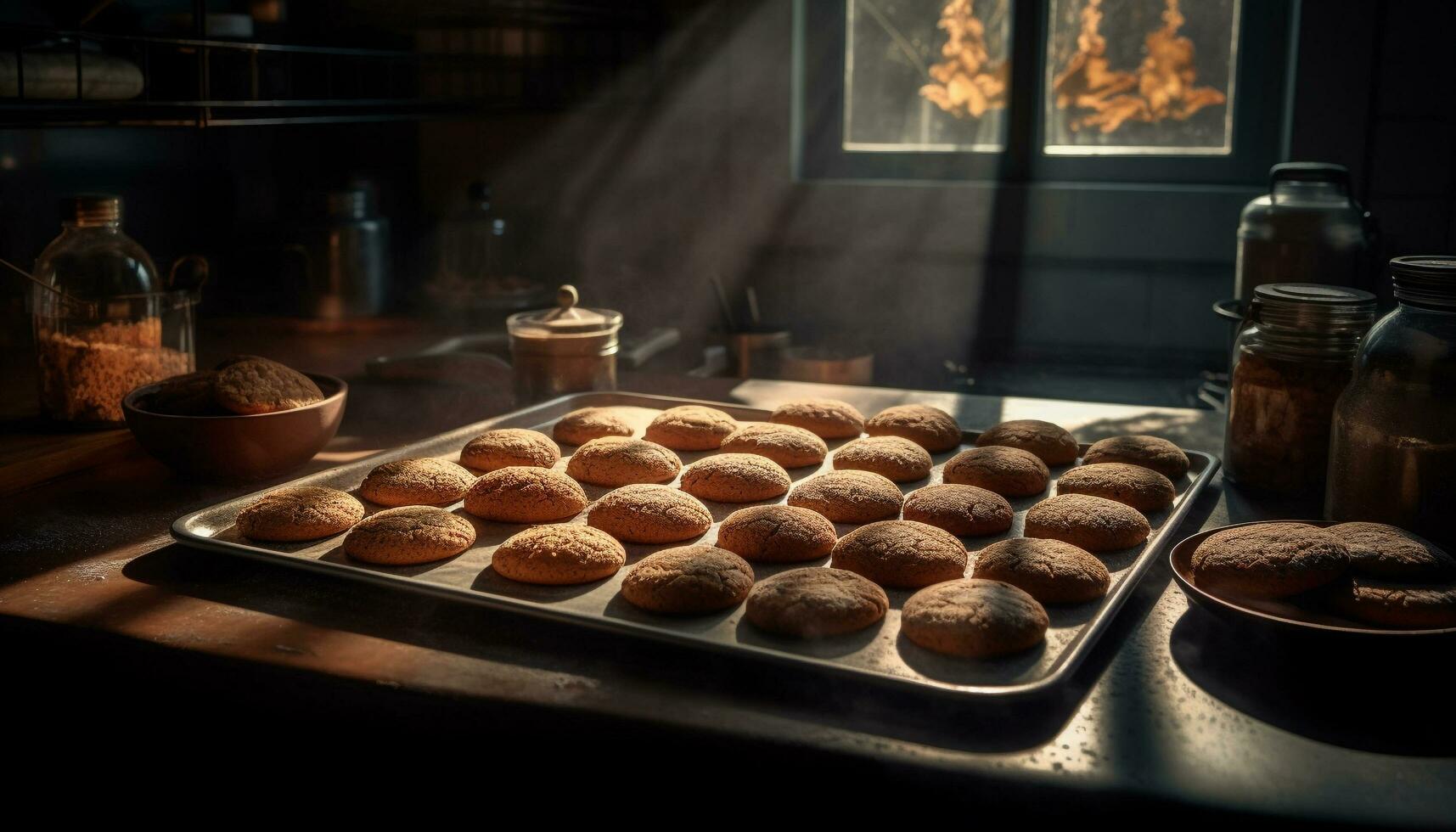 Homemade chocolate chip cookies cooling on rack generated by AI photo