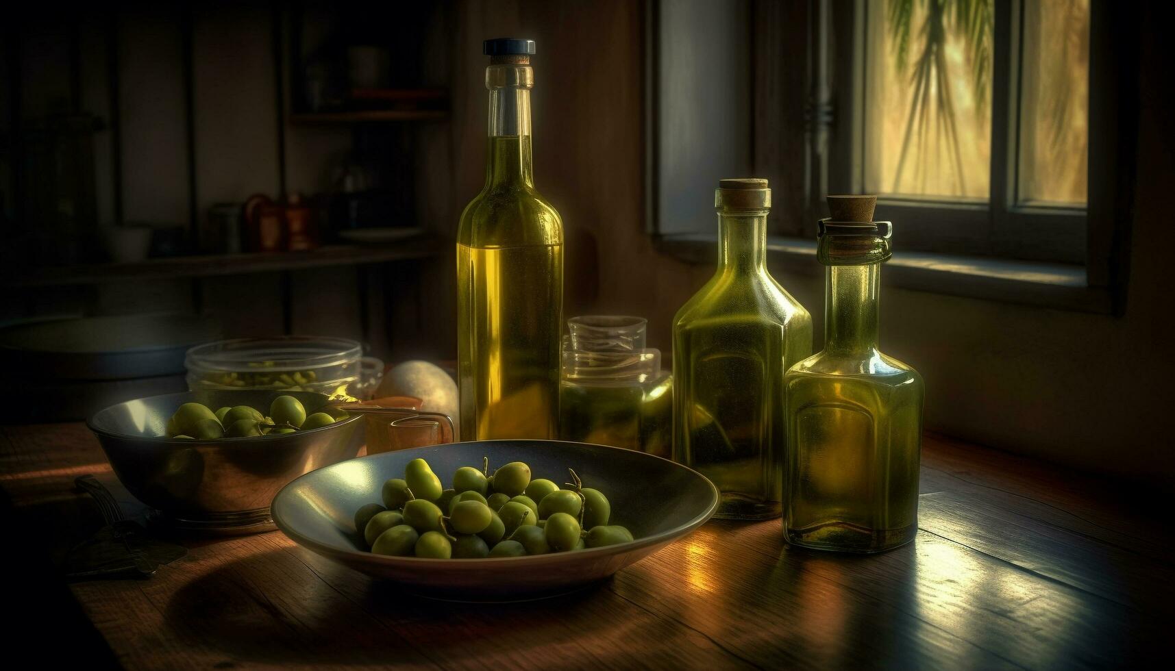 Fresco aceituna petróleo y vino en rústico mesa generado por ai foto