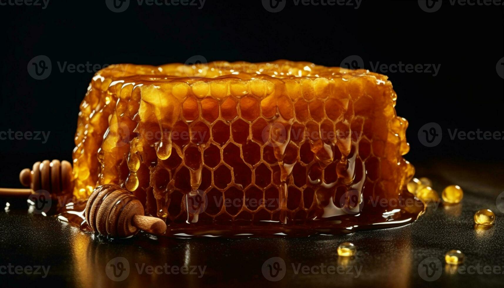 Sweet honey poured from jar onto table generated by AI photo