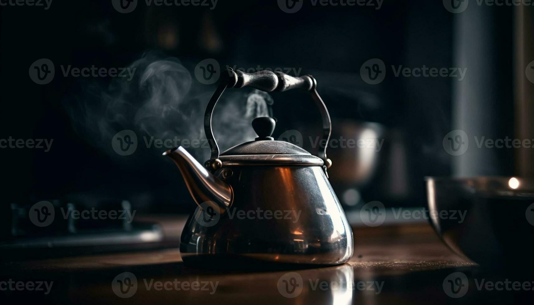 Hot steam rises from old fashioned teapot handle generated by AI photo