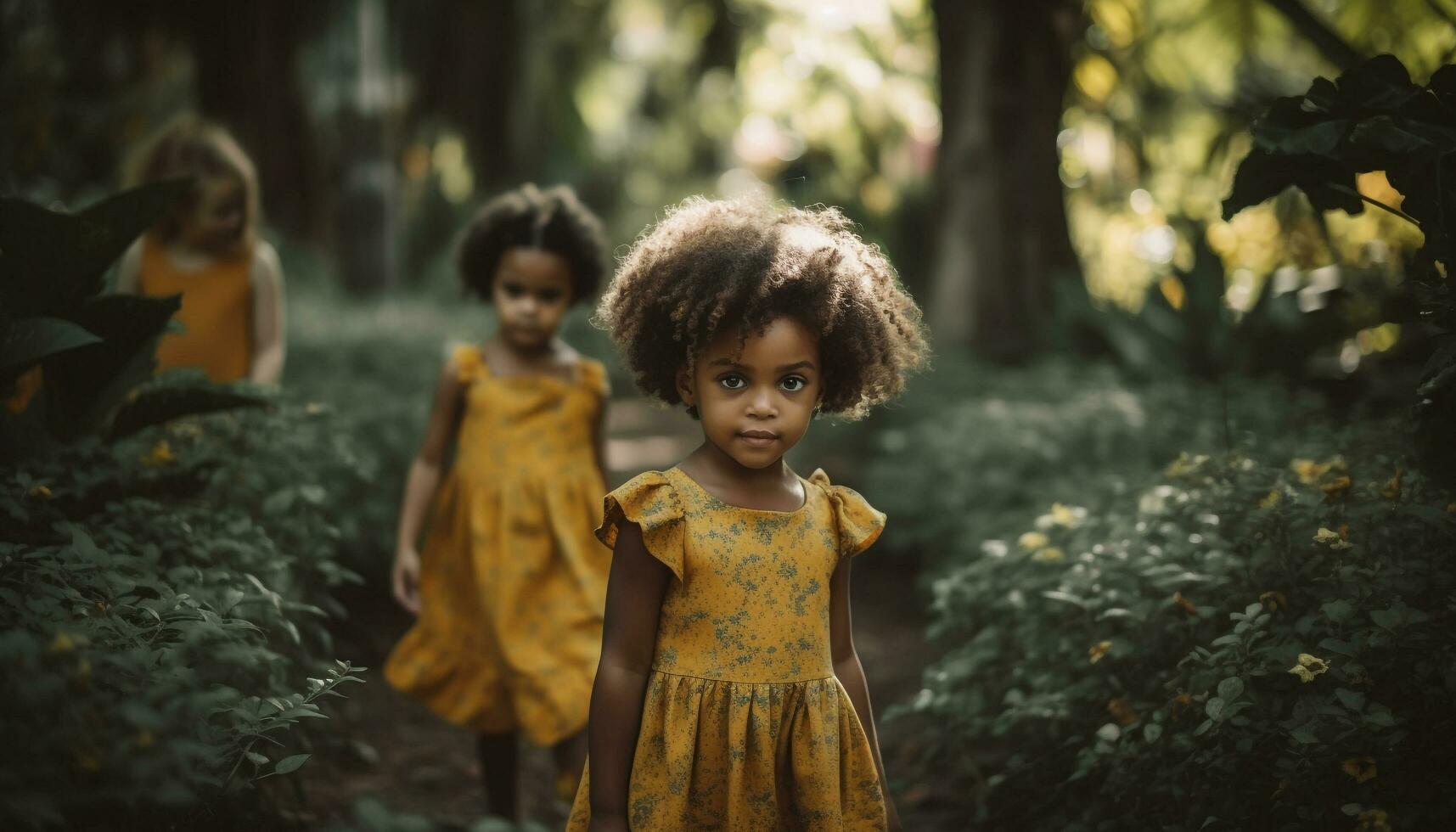 sonriente muchachas y Niños disfrutando naturaleza divertido generado por ai foto