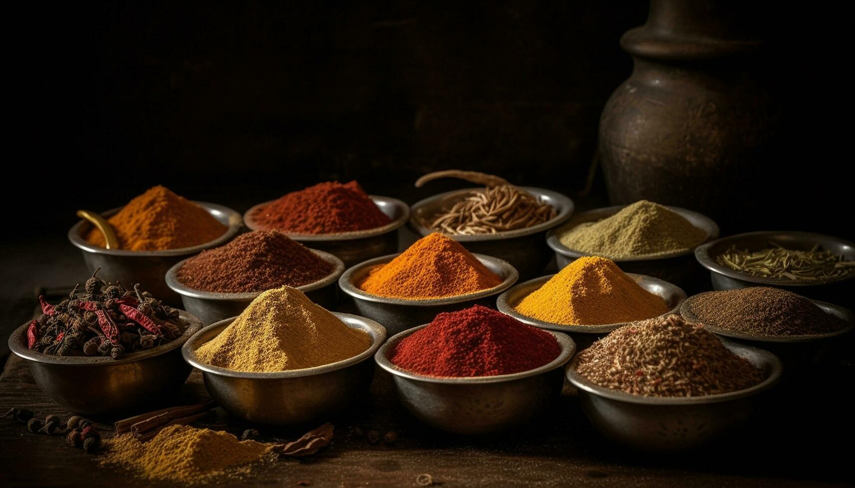 vibrante colores de indio especias en un cuenco generado por ai foto