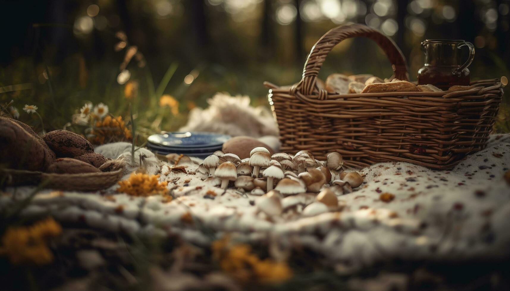 orgánico Fruta cesta, otoño bosque picnic refresco generado por ai foto