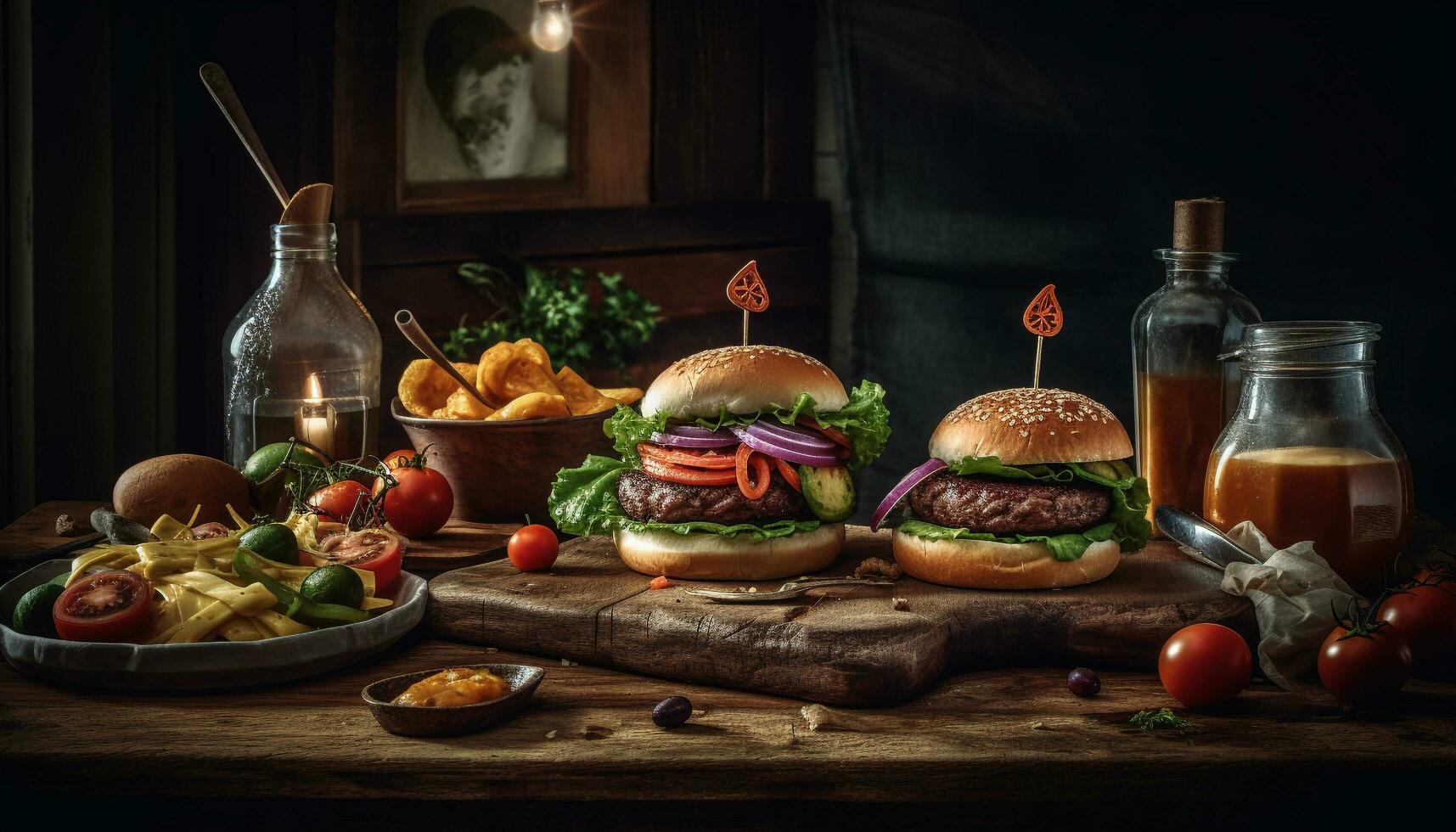 Grilled beef burger with cheese and fries generated by AI photo