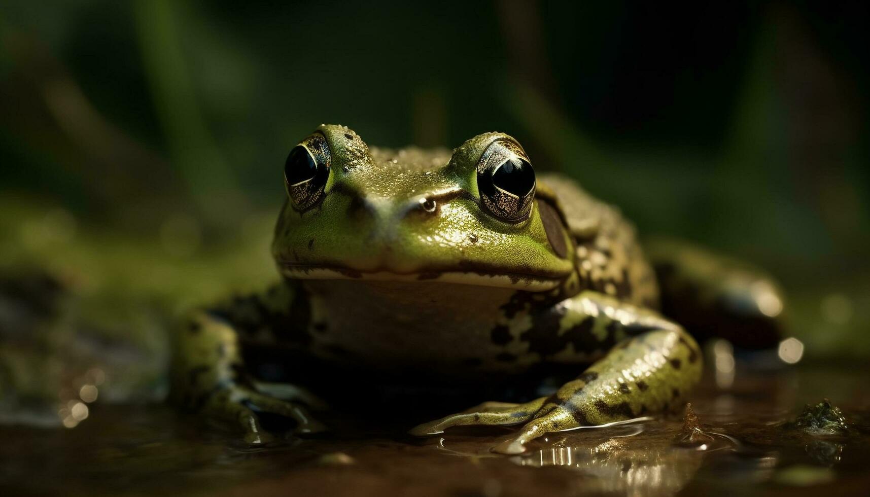 baboso sapo sentado en mojado hoja mirando generado por ai foto