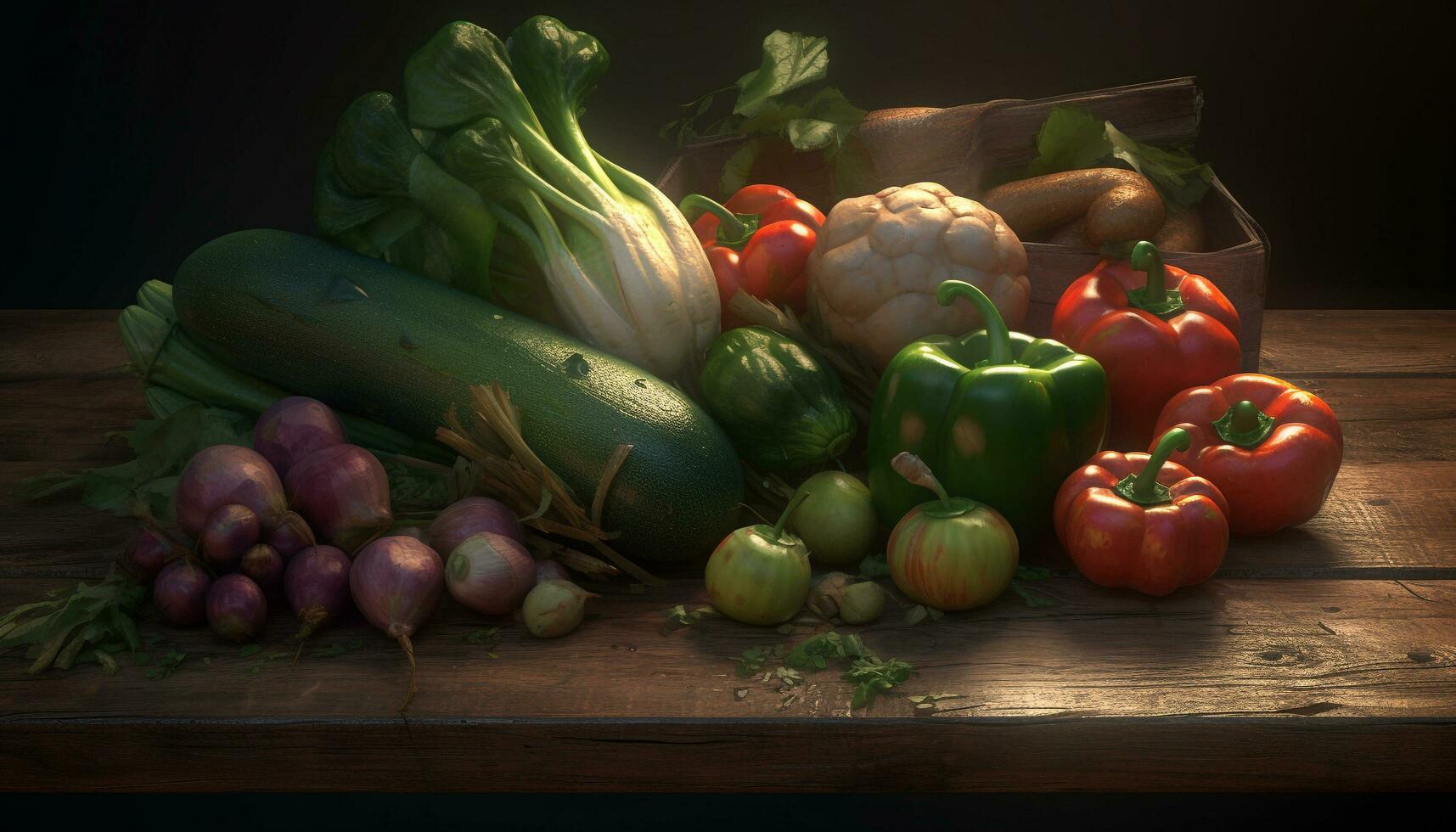 Fresh organic vegetables on rustic wooden table generated by AI photo
