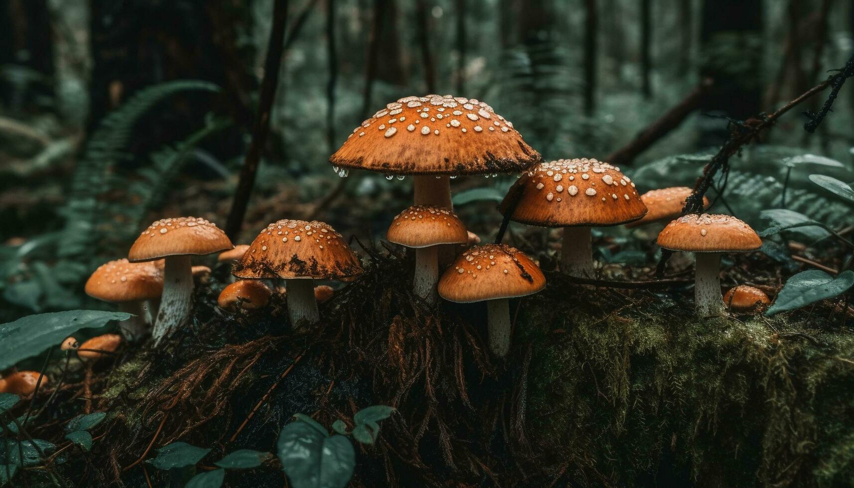 Spotted fly agaric mushroom grows in forest generated by AI photo
