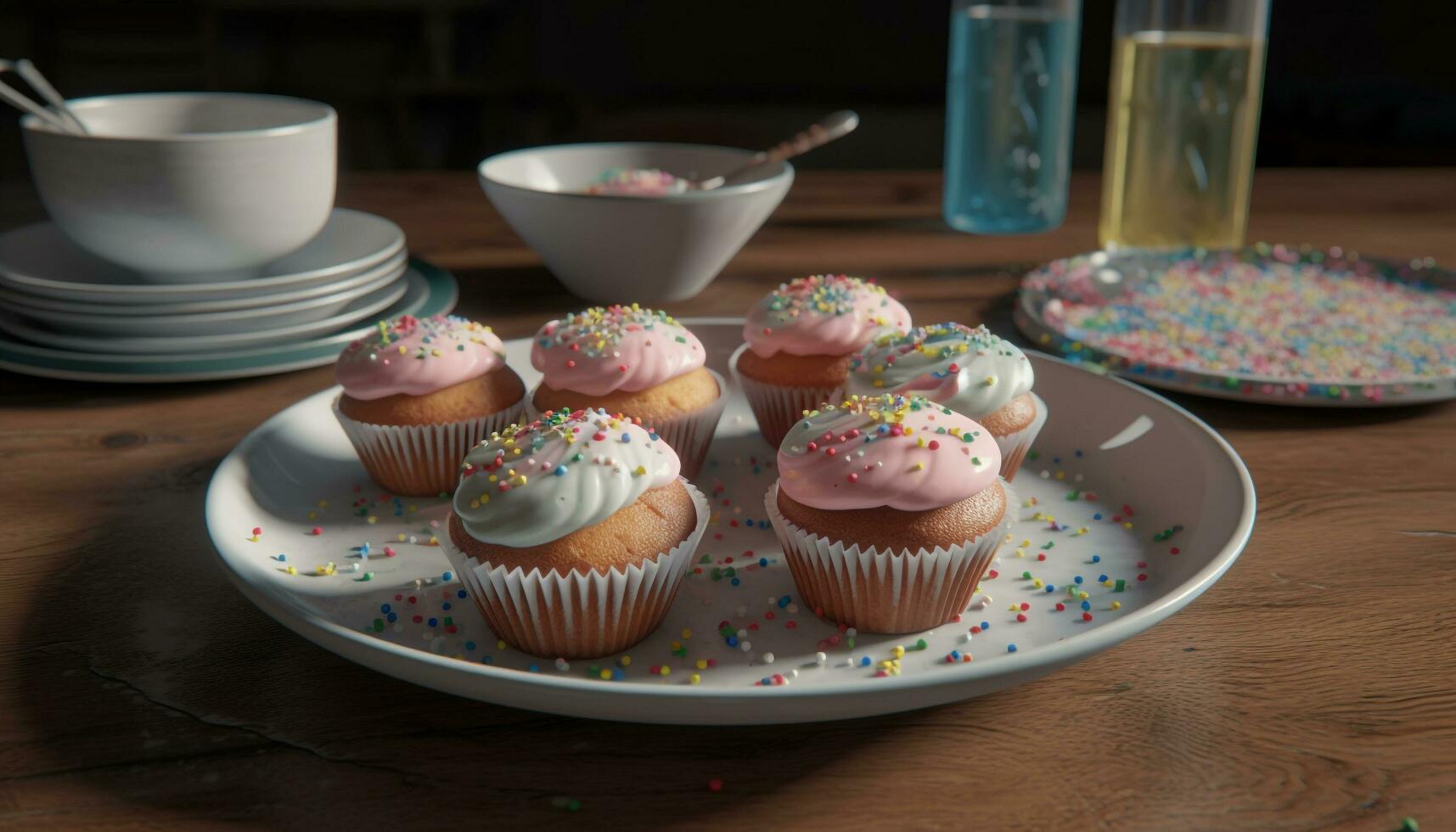 Ornate homemade cupcakes with pink icing decoration generated by AI photo