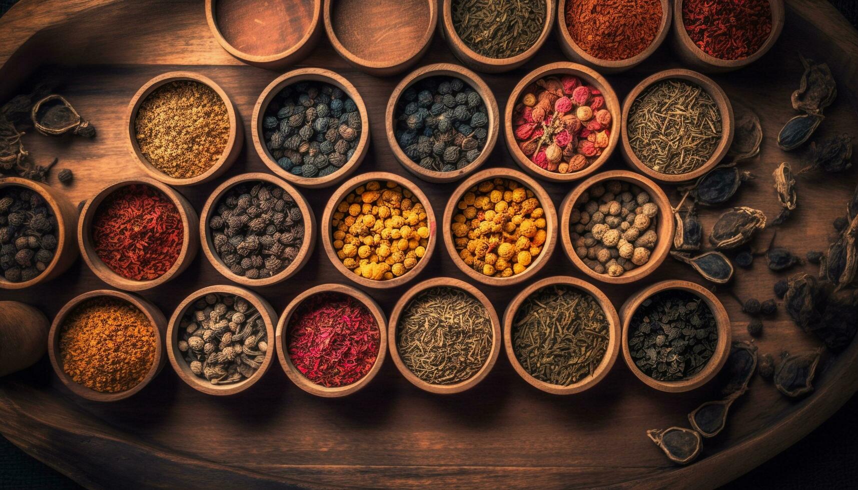 Wooden bowl holds healthy spice variation for cooking generated by AI photo