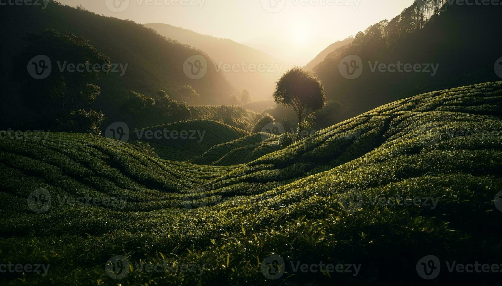 Green meadow, mountain peak, sunrise, tranquil scene generated by AI photo