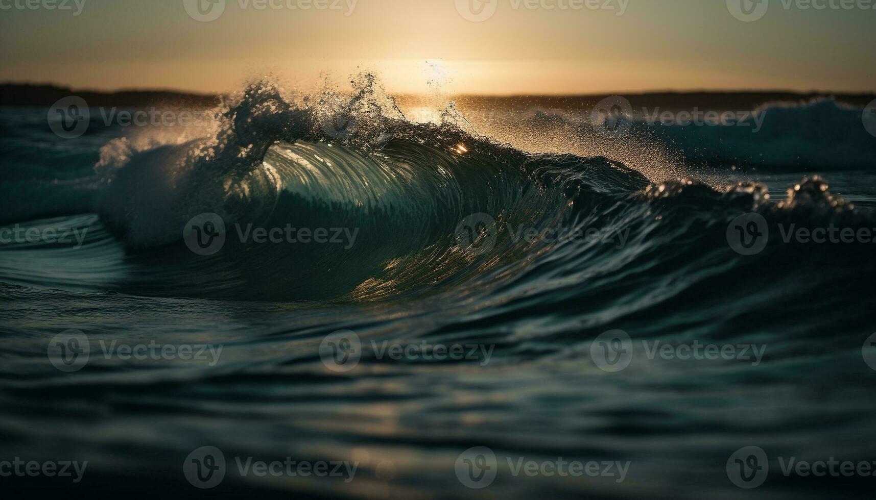 Men surfing waves, splashing in sunlight fun generated by AI photo