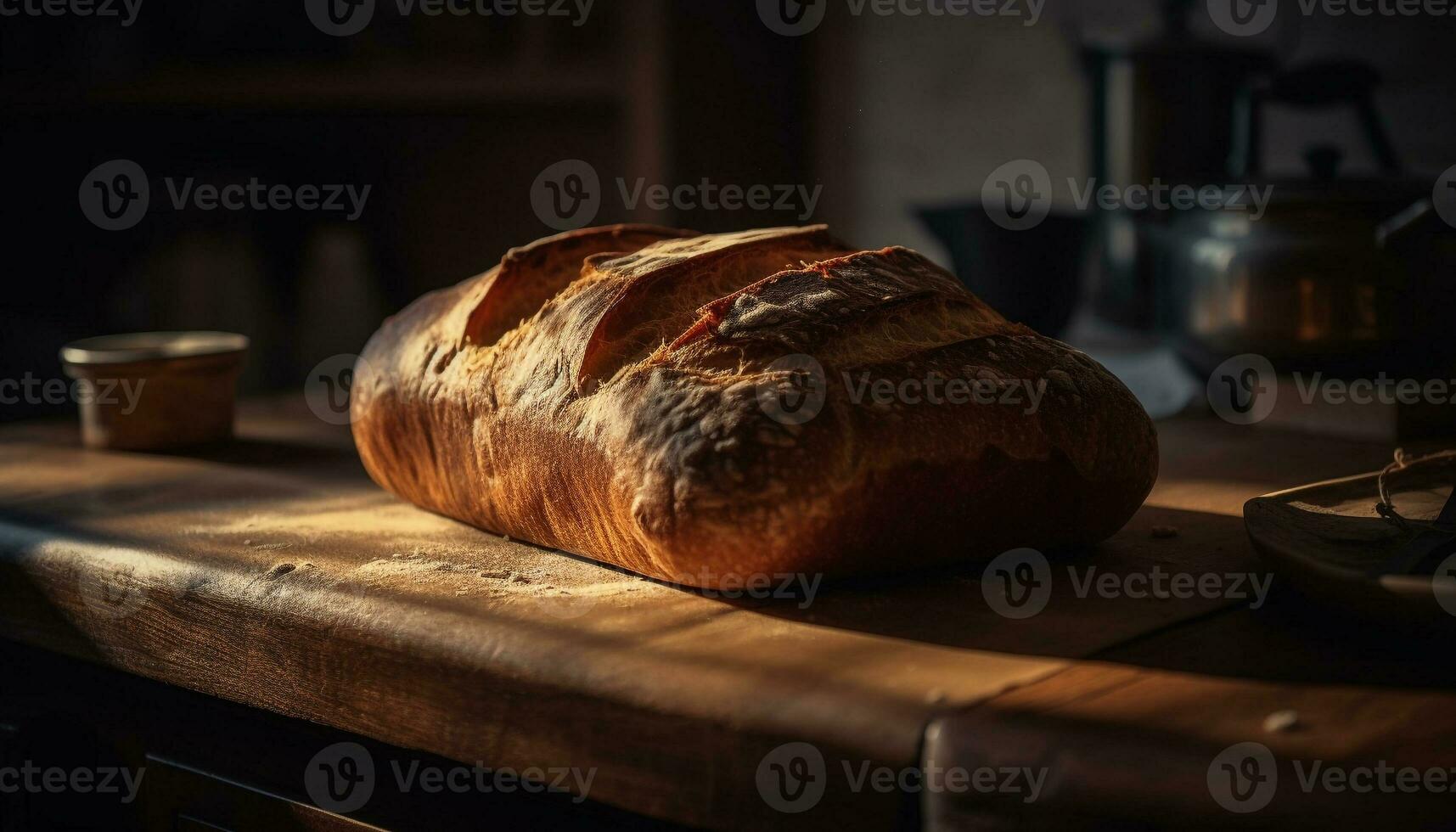 recién horneado un pan en rústico de madera mesa generado por ai foto