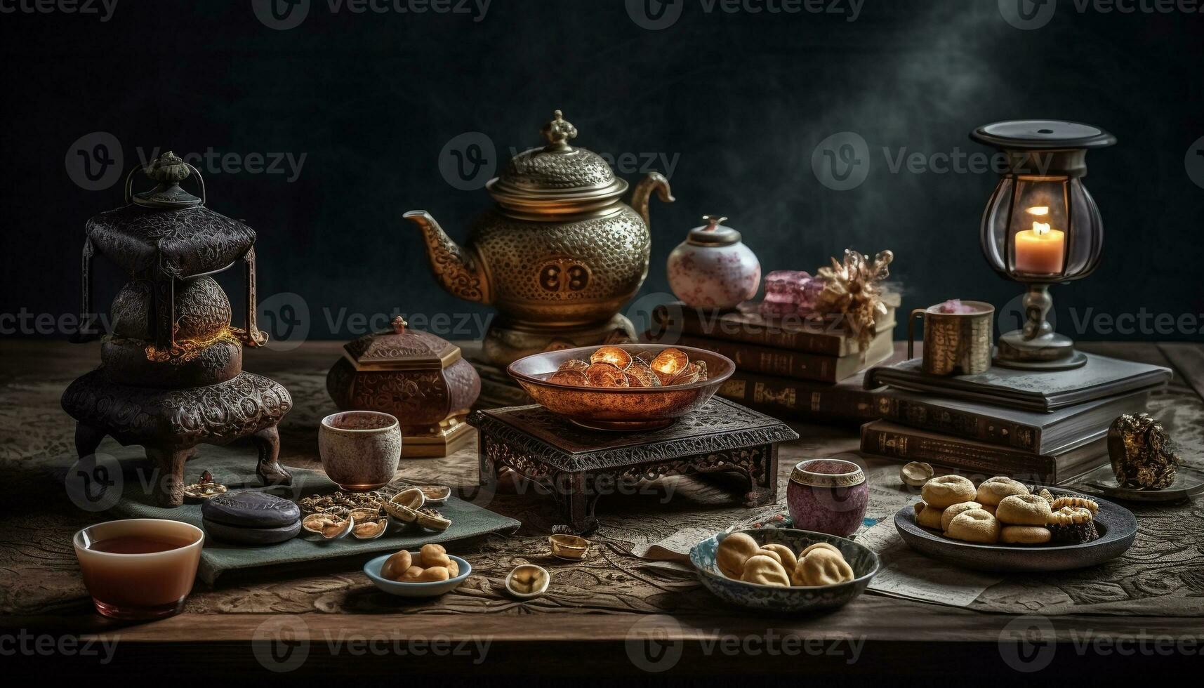Rustic teapot on old table, lantern lit generated by AI photo