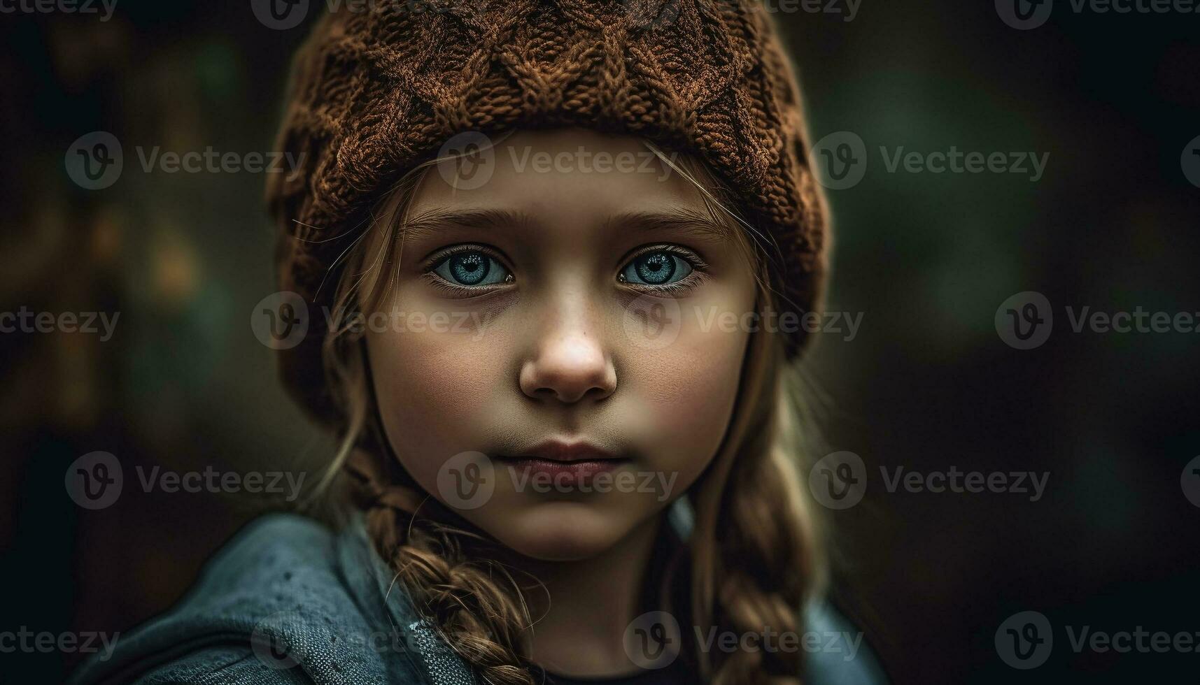 Cute caucasian child smiling in winter forest portrait generated by AI photo