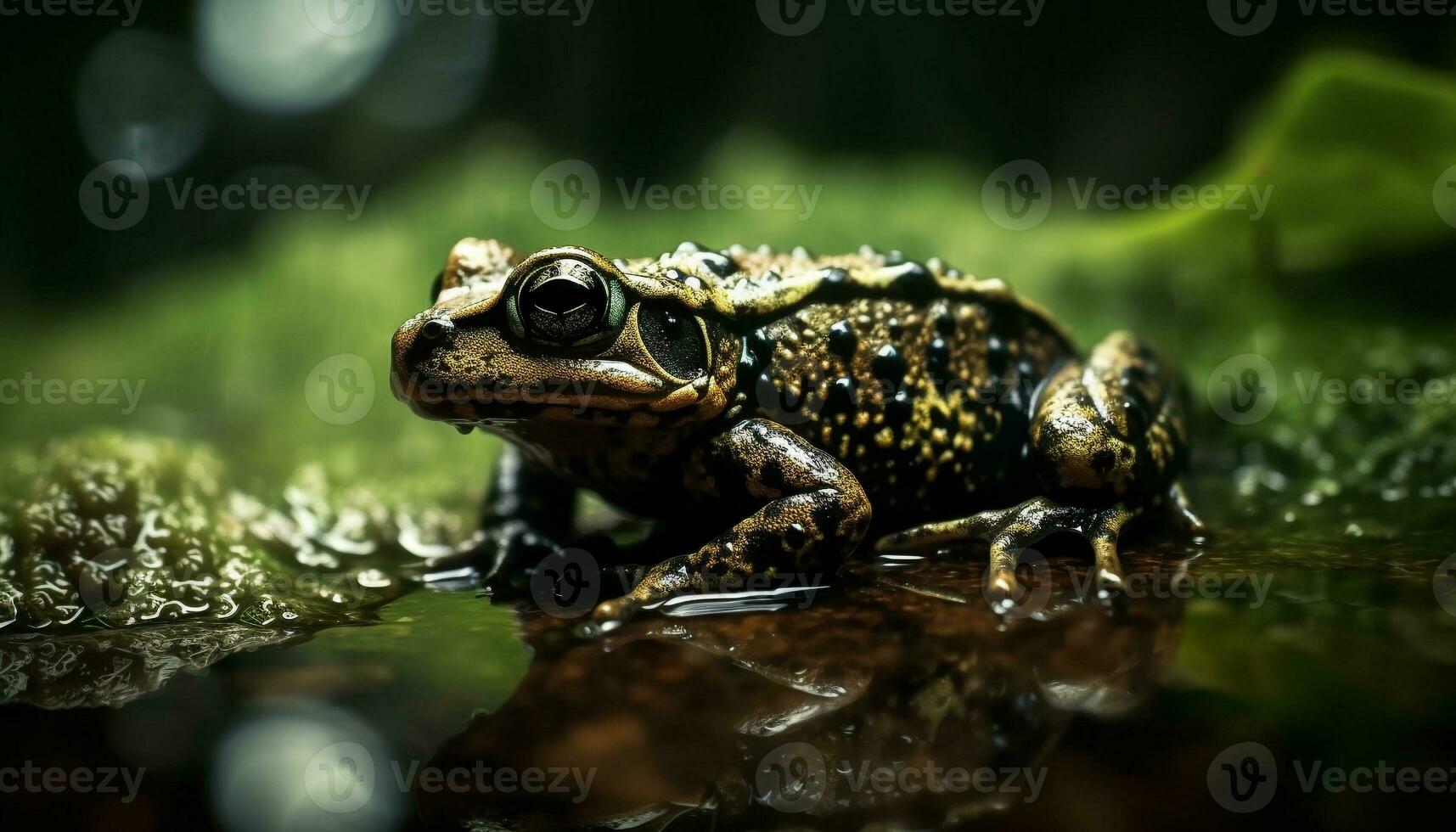 baboso sapo sentado en mojado verde estanque generado por ai foto