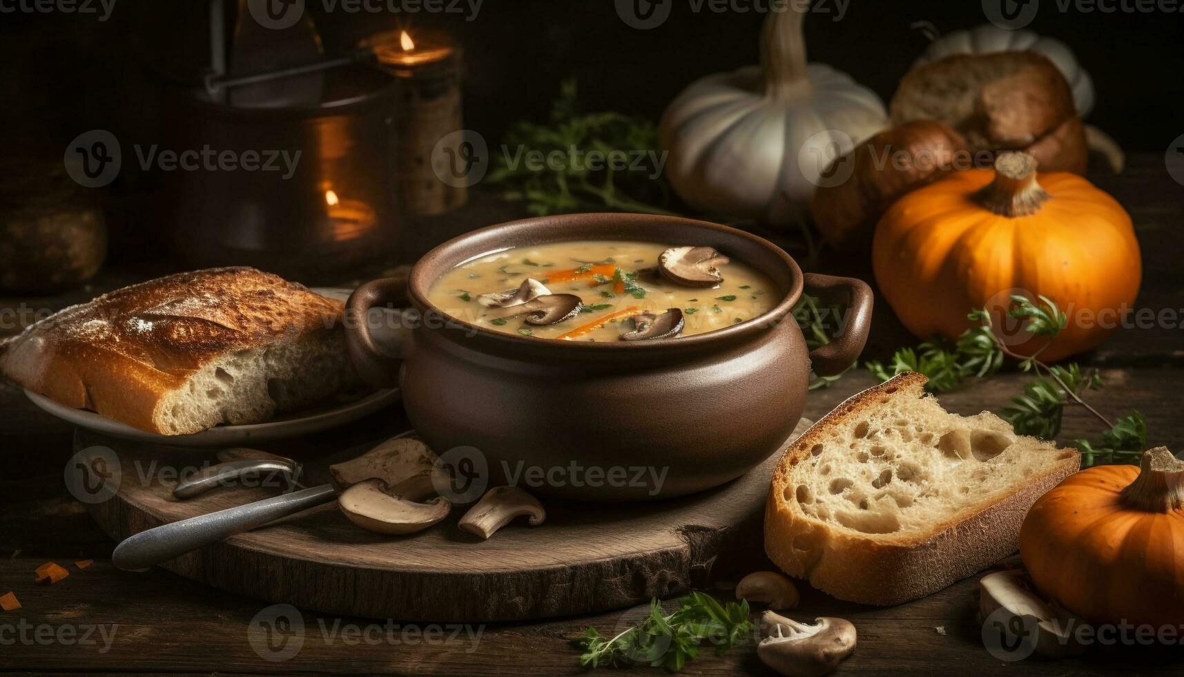 Rustic pumpkin soup, homemade bread, autumn meal generated by AI photo