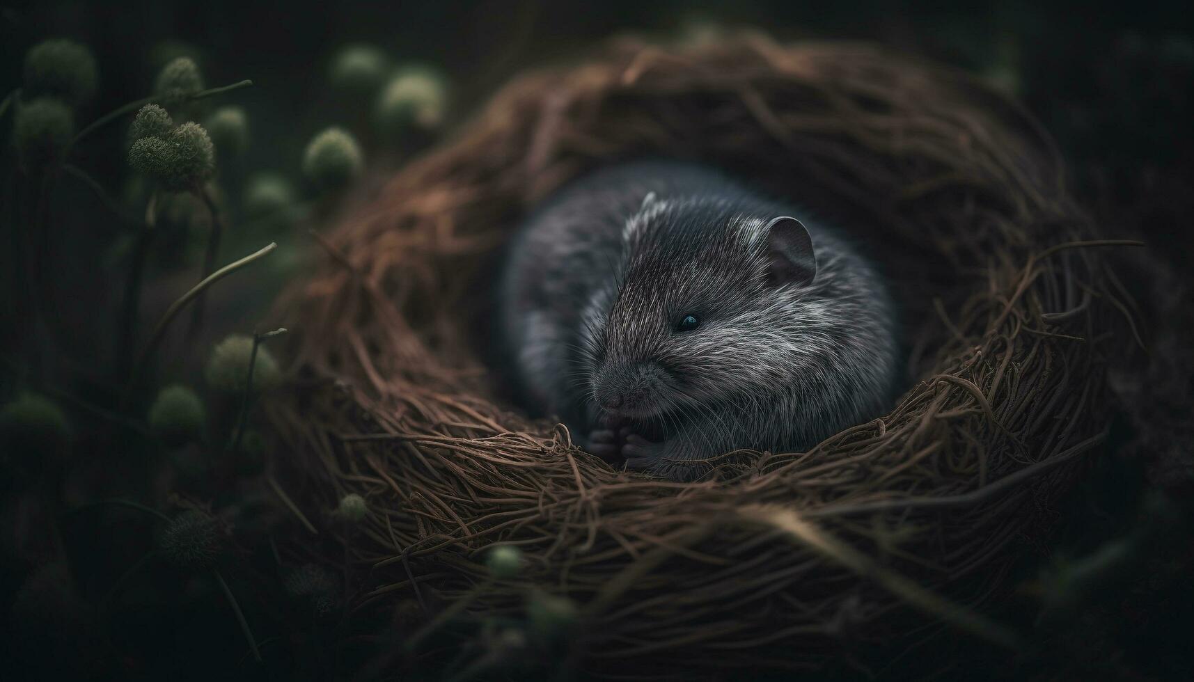 Fluffy mammal nest, young growth in nature generated by AI photo