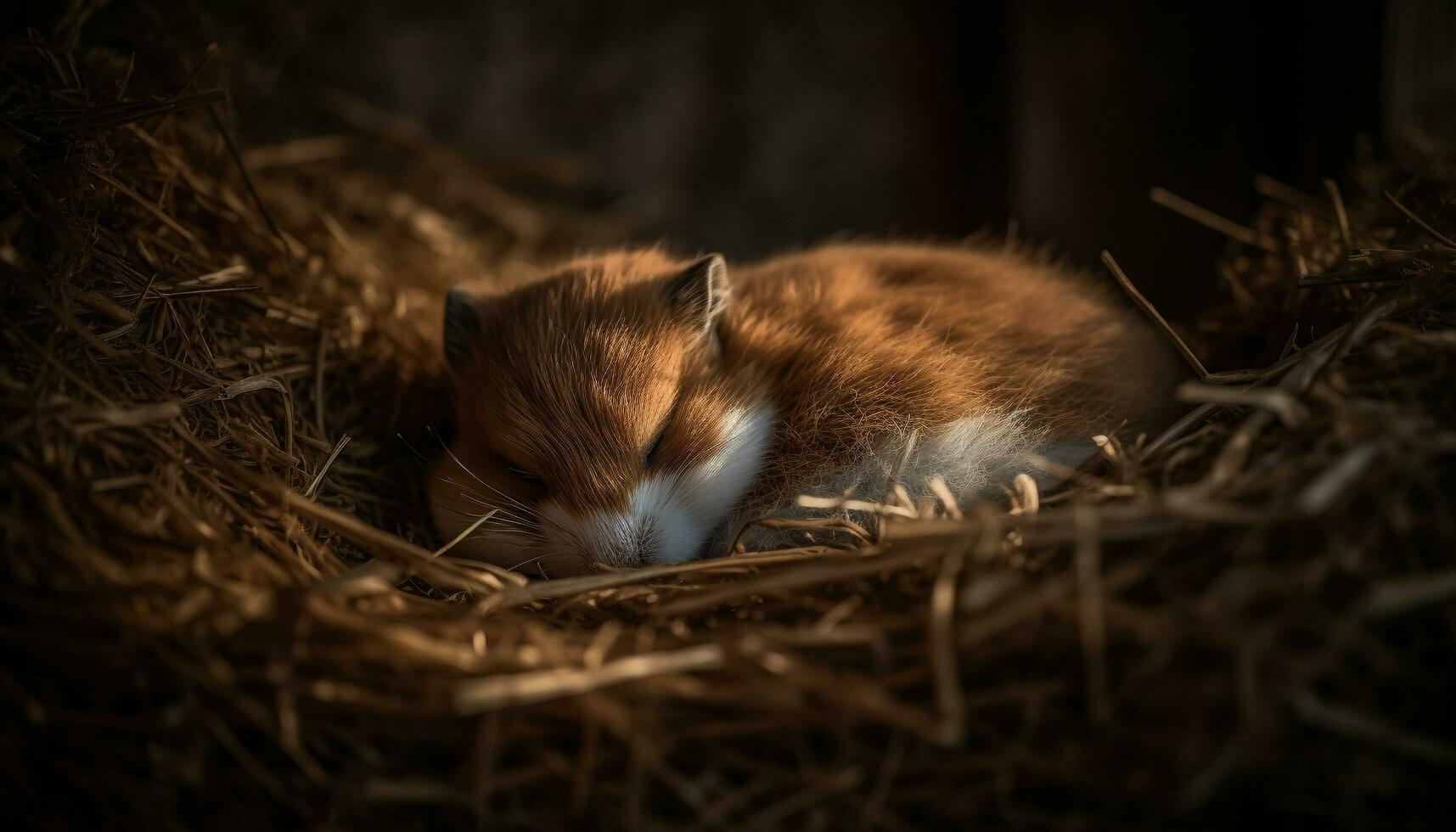 Fluffy kitten sleeping in hay, peaceful fragility generated by AI photo